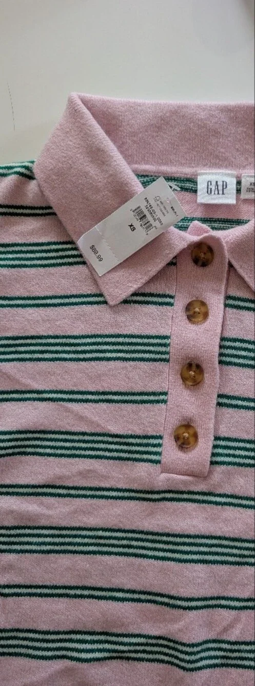 Pink & Green Striped Women's Knit Top with Button Detail